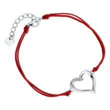 Silver (925) bracelet with double red cord - heart with white zirconias