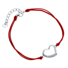 Silver (925) bracelet with double red cord - heart with white zirconias