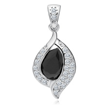 Silver (925) delicate pendant - black drop with white zirconias