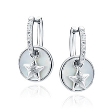 Silver (925) earrings with white zirconias - stars in circles with Mother of pearl