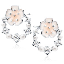 Silver (925) enameled flower earrings with white zirconias and pearls