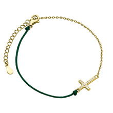 Silver (925) gold-plated bracelet with dark green cord - cross with zirconias