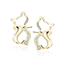 Silver (925) gold-plated earrings cat with white zirconias