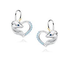Silver (925) heart earrings - unicorn with aquamarine zirconias and sapphire eye