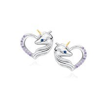 Silver (925) heart earrings - unicorn with violet zirconias and sapphire eye