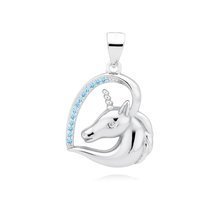 Silver (925) heart pendant - unicorn with aquamarine zirconias and white eye