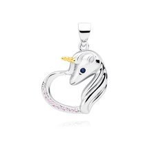Silver (925) heart pendant - unicorn with light pink zirconias and sapphire eye