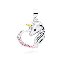 Silver (925) heart pendant - unicorn with ruby zirconias and sapphire eye