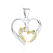 Silver (925) pendant - heart with smaller gold-plated heart with zirconias