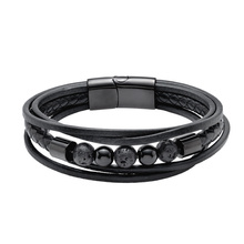 Stainless steel bracelet with leather straps, tourmaline and volcanic lava stones