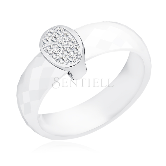 Ceramic white ring, with silver (925) oval element with zirconia