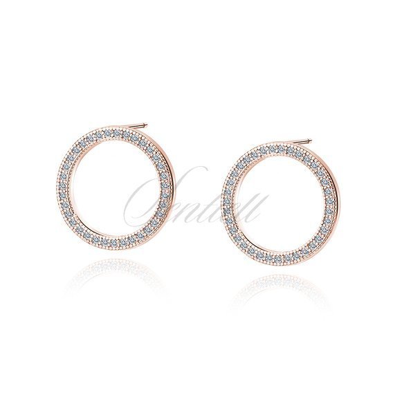 Silver (925) Earrings - cirlces with white zirconia - rose gold-plated