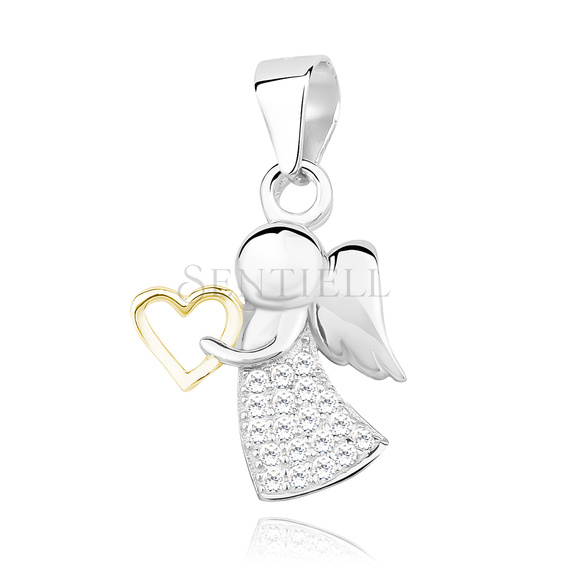 Silver (925) angel pendant with white zirconias and gold-plated heart