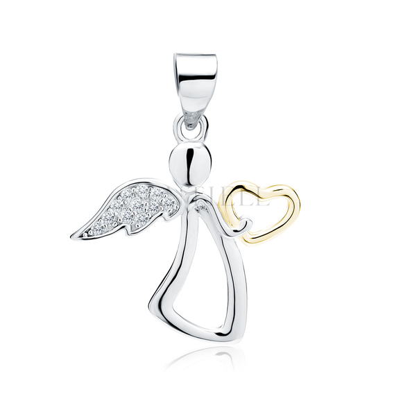 Silver (925) angel pendant with zirconia and gold-plated heart