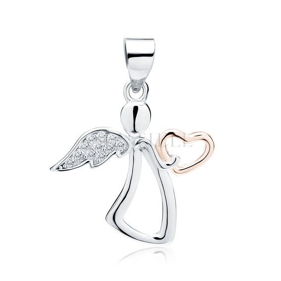 Silver (925) angel pendant with zirconia and rose gold-plated heart