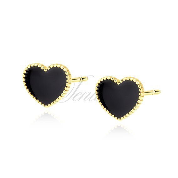 Silver (925) black enameled earrings - gold-plated hearts