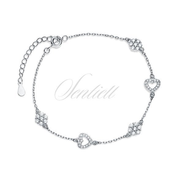 Silver (925) bracelet, flowers and hearts with white zirconias