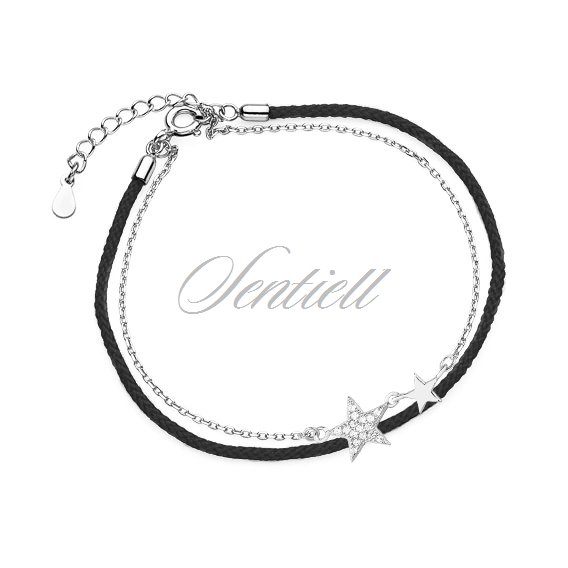 Silver (925) bracelet with black cord - stars with zirconias
