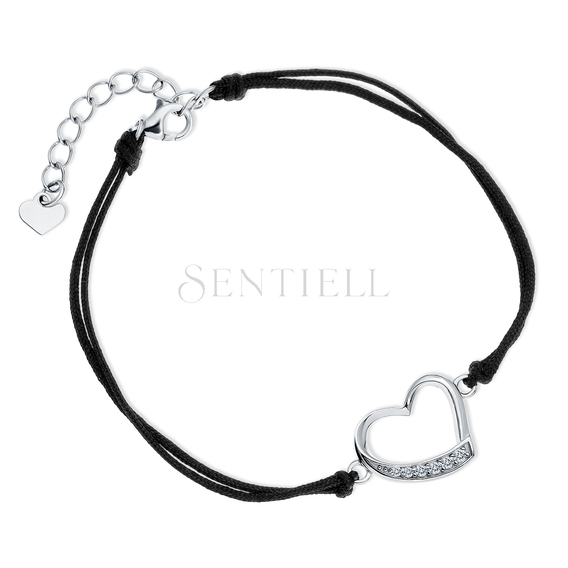 Silver (925) bracelet with double black cord - heart with white zirconias