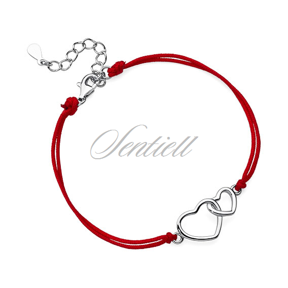 Silver (925) bracelet with red cord - hearts