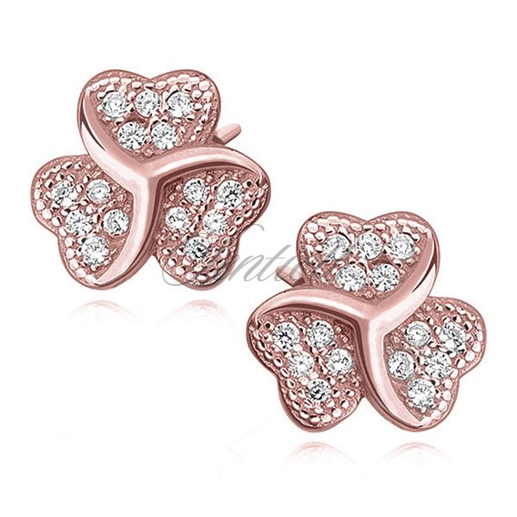 Silver (925) clover earrings with zirconia, rose gold-plated