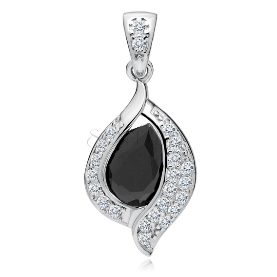 Silver (925) delicate pendant - black drop with white zirconias