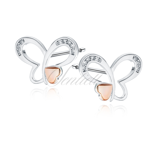 Silver (925) earrings butterfly with rose-gold plated heart and white zirconias