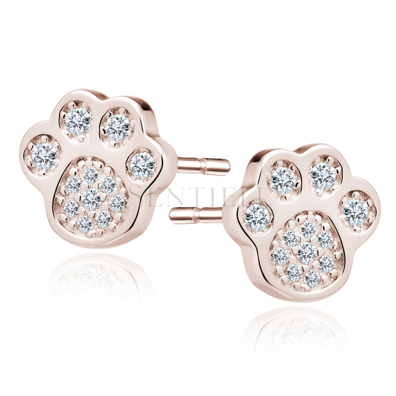 Silver (925) earrings - rose gold-plated dog / cat paw with white zirconias