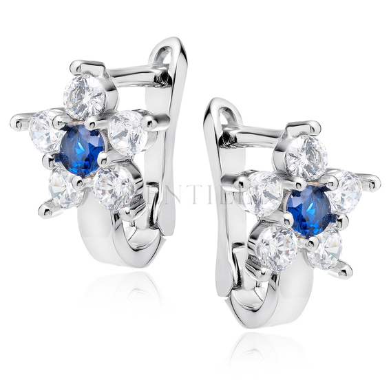 Silver (925) earrings white and blue zirconia flower