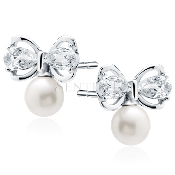 Silver (925) earrings with pearls and bows with white zirconias