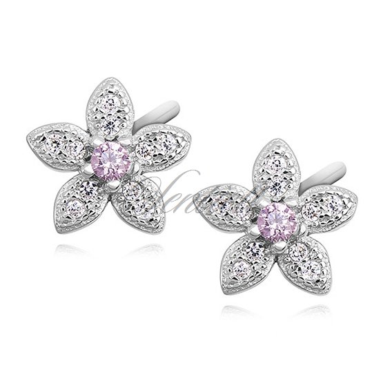 Silver (925) elegant earrings - flowers with light pink zirconia