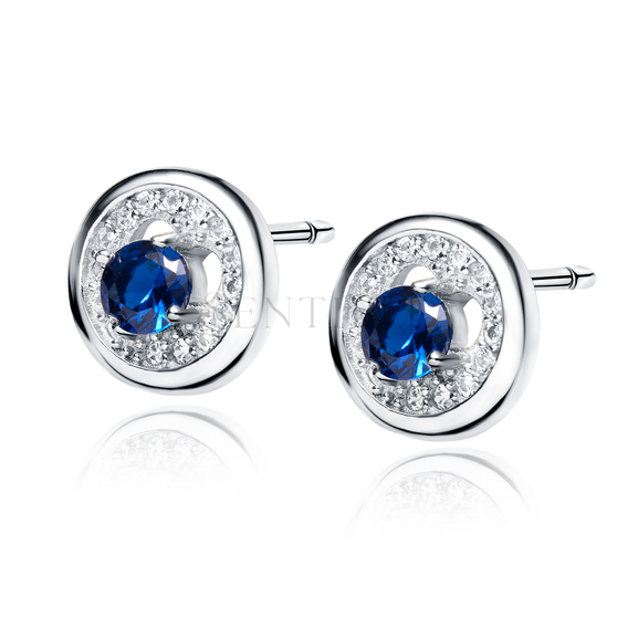 Silver (925) elegant round earrings with blue zirconia and heart