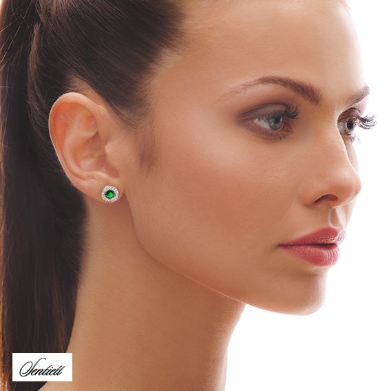 Silver (925) elegant round earrings with emerald zirconia