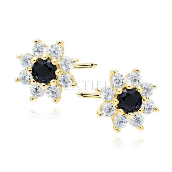 Silver (925) gold-plated earings - flower with black zirconia