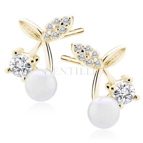 Silver (925) gold-plated earrings - cherries with white zirconias and pearl