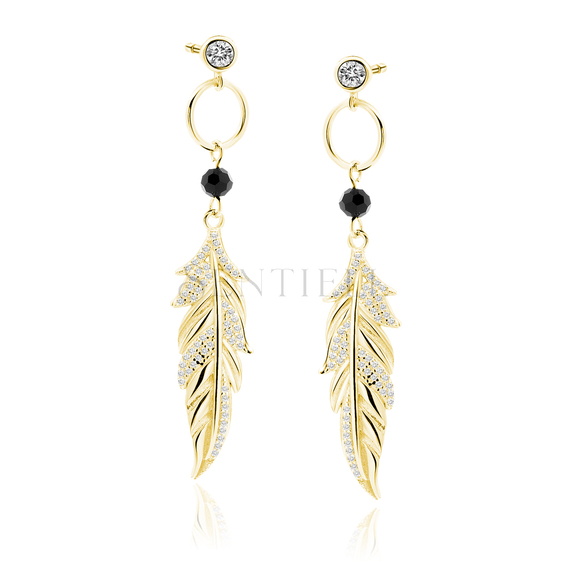 Silver (925) gold-plated earrings with black spinel and white zirconias - feather