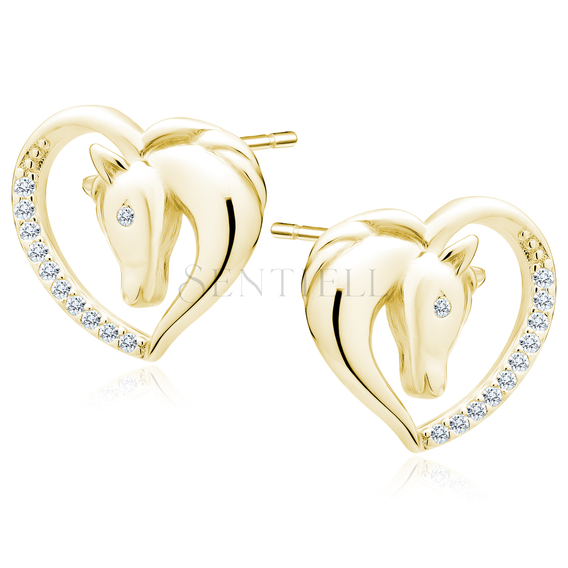 Silver (925) gold-plated heart earrings - horse with white zirconias