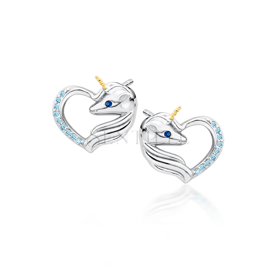 Silver (925) heart earrings - unicorn with aquamarine zirconias and sapphire eye