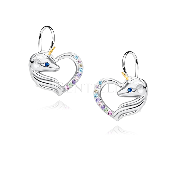 Silver (925) heart earrings - unicorn with various zirconias and sapphire eye