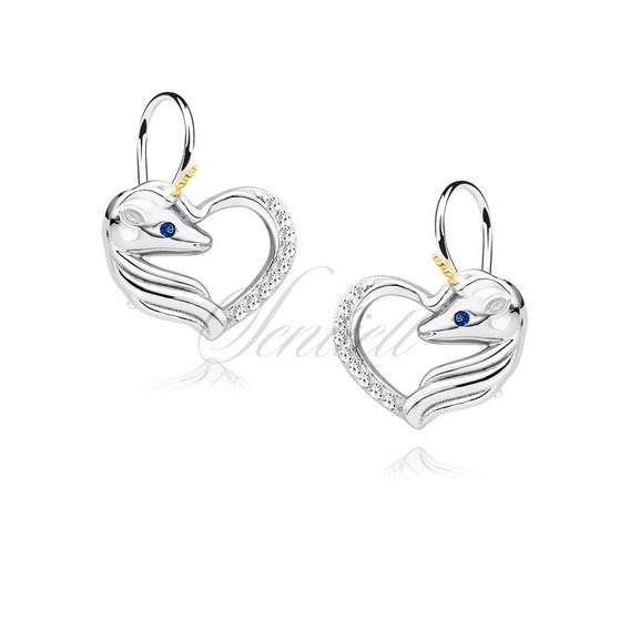 Silver (925) heart earrings - unicorn with white zirconias and sapphire eye
