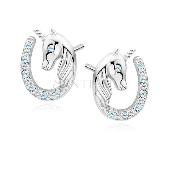 Silver (925) horseshoe earrings - unicorn with white and aquamarine zirconias and aquamarine eye