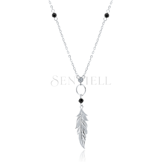 Silver (925) necklace with black spinels and white zirconias - feather