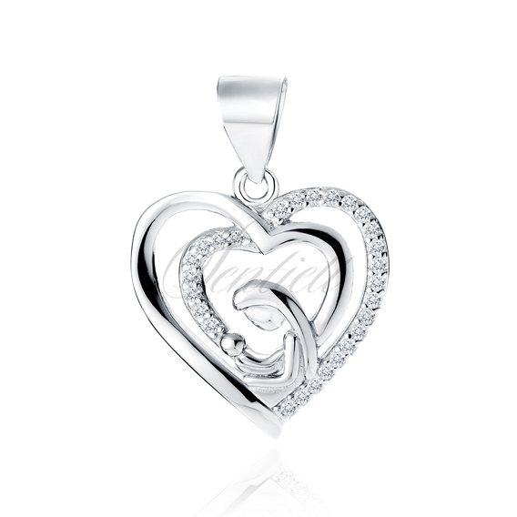 Silver (925) pendant Mother with child in heart - white zirconias