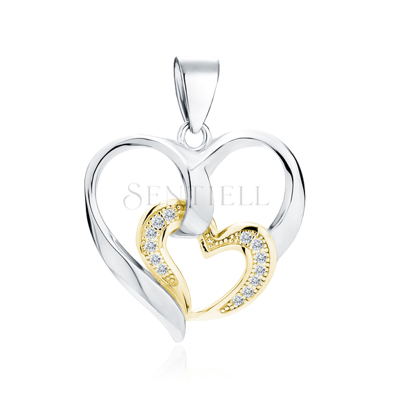 Silver (925) pendant - heart with smaller gold-plated heart with zirconias