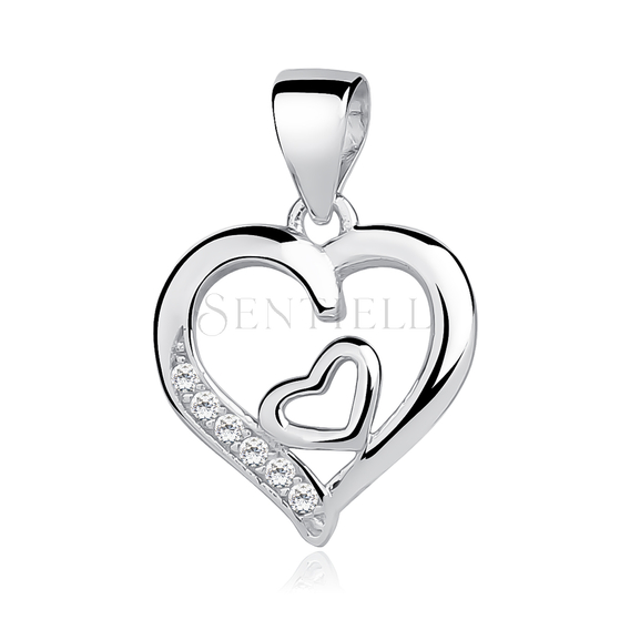 Silver (925) pendant white zirconia - double heart