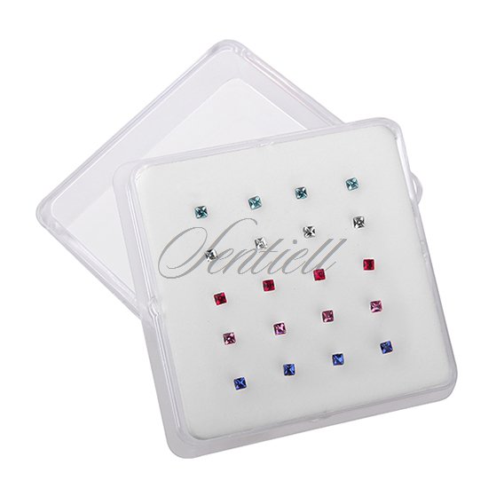 Silver (925) rectangular nose stud earrings with zirconia in a box - various colours