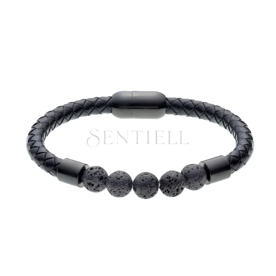 Stainless steel bracelet with leather strap and volcanic lava stones