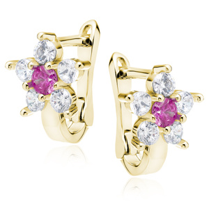 Silver (925) earrings with ruby zirconia, gold-plated flower