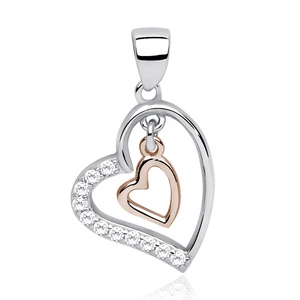 Silver (925) pendant - rose gold-plated heart in heart with zirconia