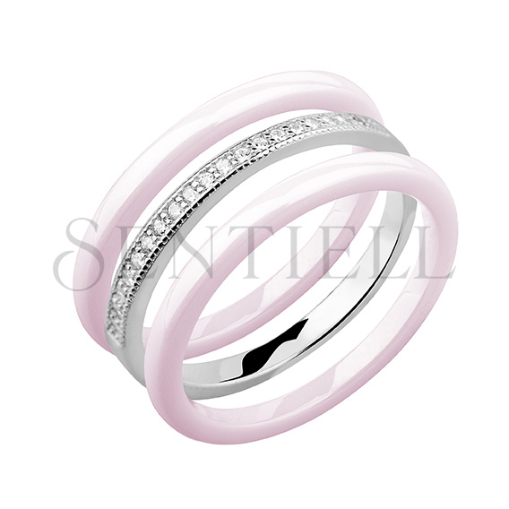 Two pink ceramic rings and silver ring with zirconia